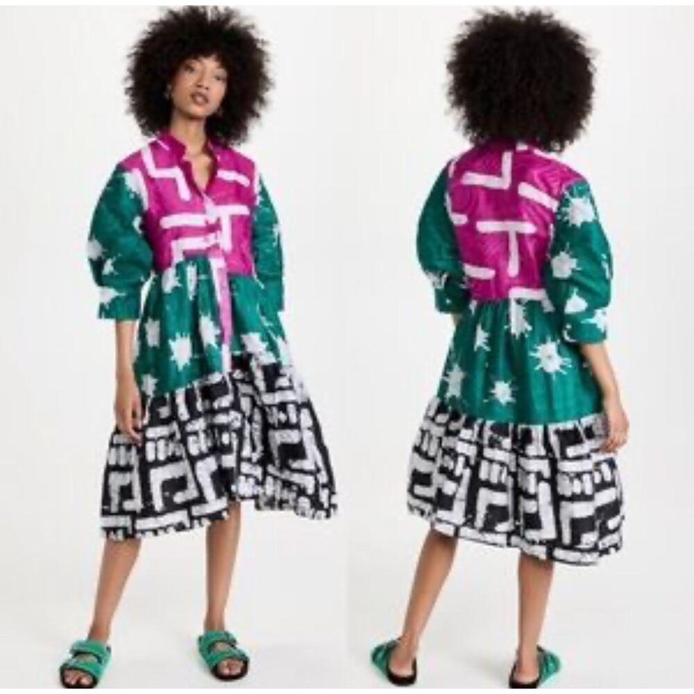 Busayo Tayo Mixed Batik Print Tie Dye Cotton Midi Puff Sleeve Dress Large